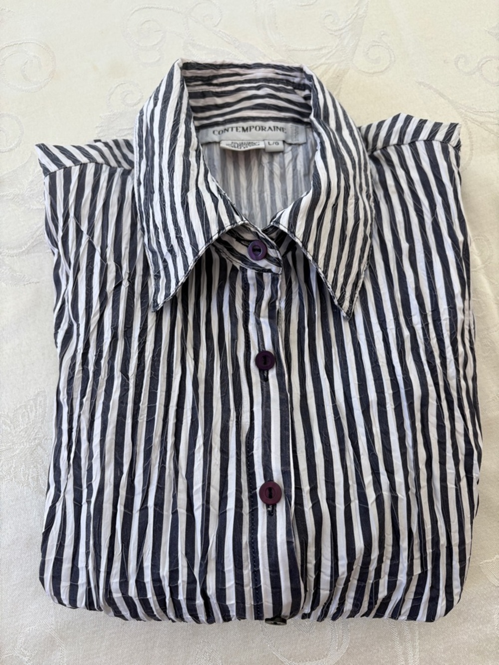 Dark Navy / Black & White Striped Button-Front Blouse